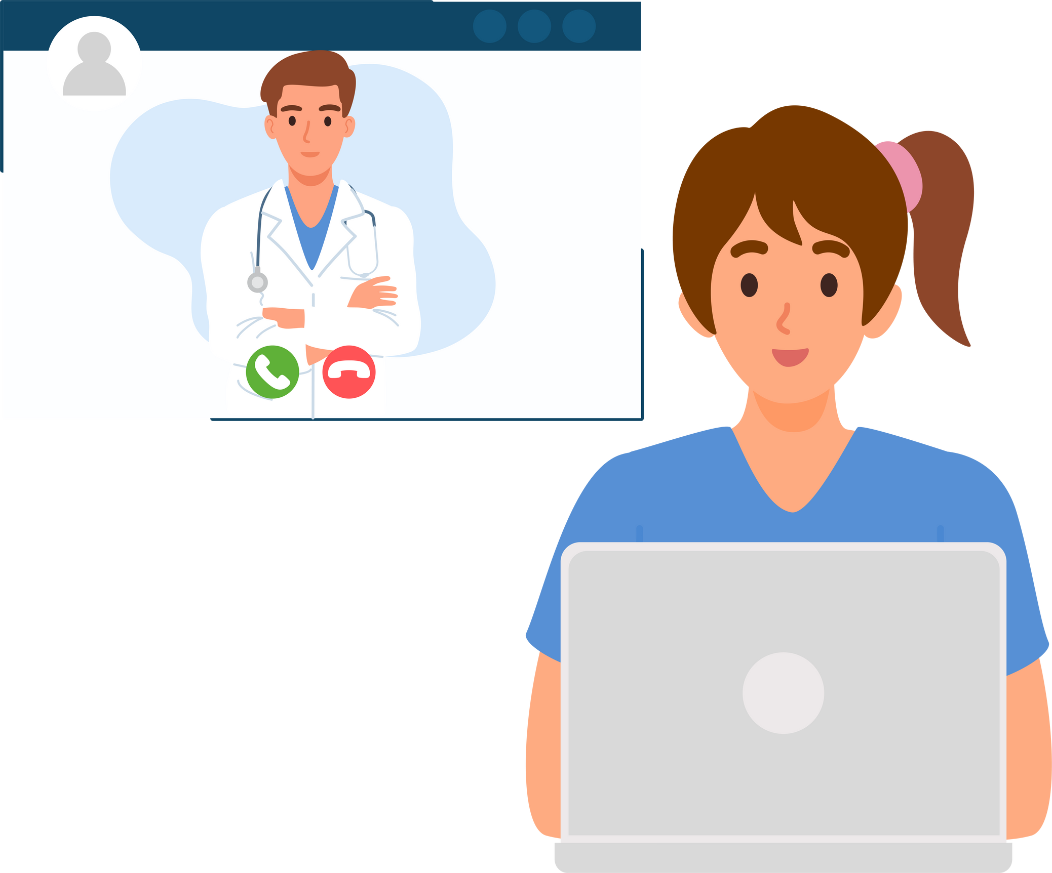Online doctor talking with a patient on a video call through smartphone or computer. Telemedicine and online healthcare. Medical telehealth concept.